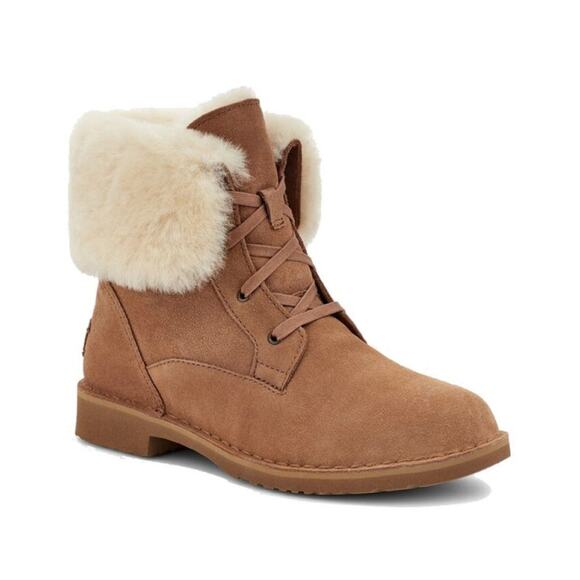 UGG Weylyn Boots Sherpa Lined Fold Over Suede Brown Womens US 8.5 UK 6.5 EU 39.5 - Picture 1 of 14